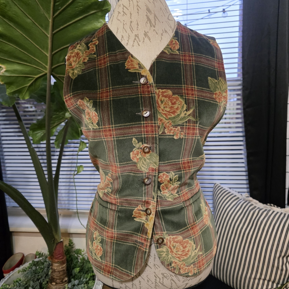 Vintage Y2k Plaid Floral Velvet Cottagecore Vest